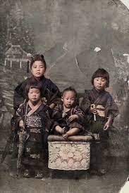 Sisters And A Little Brother Posing For A Studio Portrait Colorized Photos Japanese Postcard Japanese History