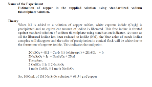 Calculation: Calculate The Molarity Of The Sodium Thiosulphate Solution  From The Following Formula: Mvi Mzvz Where M Molarity Of Potassium  Dichromate Solution Volume Of Potassium Dichromate Solution Taken Mz  Molarity Of Sodium