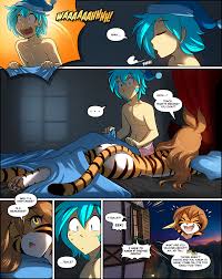 147767 - suggestive, artist:twokinds, flora (twokinds), trace (twokinds),  fictional species, human, keidran, mammal, anthro, twokinds, blanket,  blushing, butt, clothes, duo, duo male and female, female, fur, male,  nudity, striped fur, underwear - Furbooru