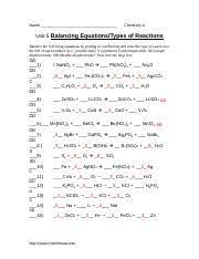 Law of conservation of mass: Unit 5 Balancing Equations And Types Of Reactions Worksheet Docx Name Chemistry A Unit 5 Balancing Equations Types Of Reactions Balance The Following Course Hero