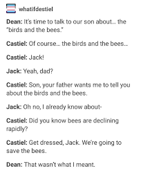 Birds And The Bees Talk Script Pin By Ema On Supernatural Destiel Supernatural Baby Supernatural Funny