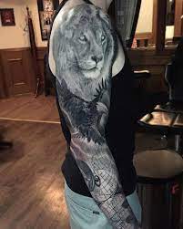 Black And Grey Realistic Lion And Eagle Sleeve Tattoo By Francisco Sanchez At Dark Age Tattoo Studio I Full Sleeve Tattoos Sleeve Tattoos Tattoo Sleeve Designs
