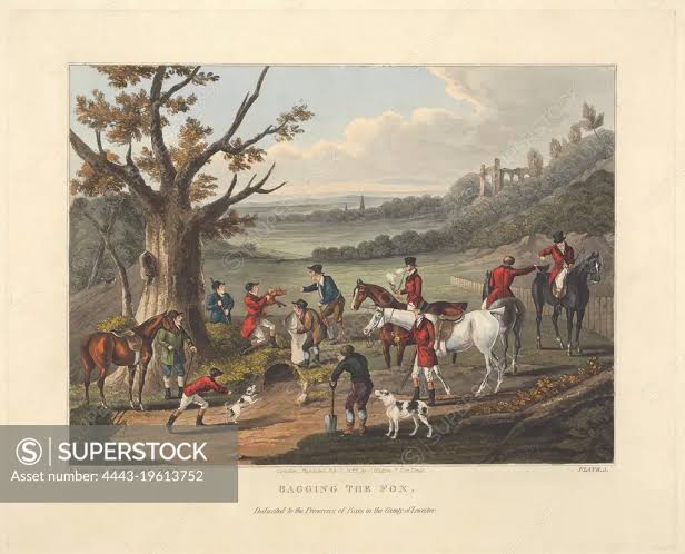 Fox-Hunting set of six: 5.Bagging the Fox, Charles Loraine Smith, 1751-1835, British, 1826, Aquatint, hand-colored, Sheet: 9 1/2 x 13in. (24.1 x 33cm) - SuperStock