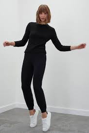 join us beli ve pacasi lastikli triko pantolon siyah moda stilleri kadin giyim triko