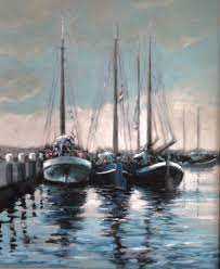 herman dasselaar boten in de haven van vlieland acryl op linnen 60 x 70 cm schilderij boten schilder