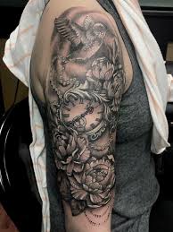 Black And Grey Tattoo Designs Half Sleeves Peony Half Sleeve Tattoo Hummingbird Pocket Watch Black And Grey Tattoo Done By Stephanie Half Sleeve Tattoos Designs Black And Grey Tattoos Half Sleeve Tattoo