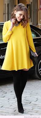 Yellow Sleeve Dress With Black Tights High Black Boots Yellow Long Sleeve Dress Fashion Style
