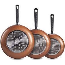 Vonshef 3 Pc Copper Aluminium Frying Pan Set Cookware Set Includes 20 24 28cm Skillets With Non Stick Coating Cool Fry Pan Set Copper Frying Pan Pan Set