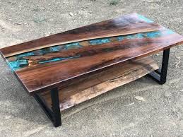 Walnut River Table With Resin Stone In Stock Storage Shelf Under Table Coffee Table With Storage Storage Shelves