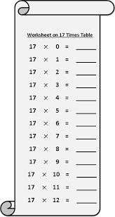 worksheet on 17 times table printable multiplication table