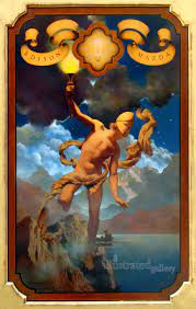 Art deco antique edison mazda lamp seller of baghdad print after original by maxfield parrish, framed, lower right initialed in plate, circa 1920 measures: Prometheus By Maxfield Parrish 1870 1966 Original Oil On Panel