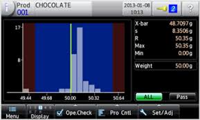 중량선별기 HMI 화면에 표시된 정규 분포 곡선과 X-bar R 관리도 분석 화면