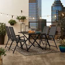 Made from rubberwood and steel, this set of two chairs is high on durability and strength. Mainstays Greyson Square Patio 5 Piece Folding Dining Set Included 4 Chairs And 1 Table Black Walmart Com Walmart Com