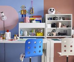 The Children S Bedroom Is Divided Into Two Equal Sized Spaces Using Colour Blocking With Tandem Desks And Two Beds Malm Bed Frame Childrens Desk Wall Storage