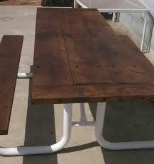 Refurbished Picnic Table New Wood Stained And Spray Painted Metal Legs Picnic Table Makeover Painted Picnic Tables Metal Picnic Tables