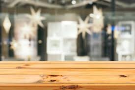 Wooden Board Empty Table Blur In Department Store Background Wooden Board