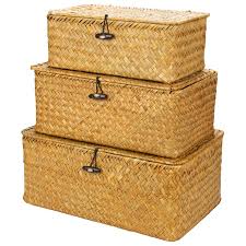 The lining can protect the baskets and keep them clean and free of debris. Woven Wicker Storage Bins With Lid Set Of 3 Rectangular Seagrass Basket Sto U3k2 Ebay