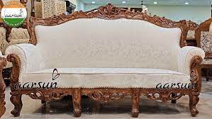 Classic Design 3 Seater Sofa In Matte Finish And Floral White Fabric Aarsun Seater Sofa 3 Seater Sofa Wooden Sofa Set