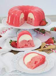 This Decadent Strawberry Flan Jello Cake Recipe Is A 3 In 1 A Cake And Flan Encased In A Refreshing Jello She Jello Mold Recipes Jello Cake Recipes Jello Cake