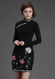 Modern Peony Modern Style Chinese Dress Long Sleeve Dress Winter Dresses Chinese Style Dress