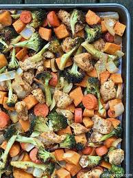 Healthy Sheet Pan Meal Of Chicken Carrots Sweet Potato Broccoli Onion With A Marinad Paleo Recipes Dinner Paleo Chicken Recipes Healthy Eating Recipes Easy