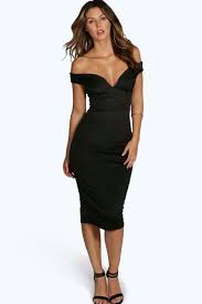 Sweetheart Off Shoulder Bodycon Midi Dress Boohoo Black Bodycon Dress Black Dress Midi Dress Bodycon