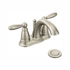 The big box stores sell a kohler forte widepread faucet, so does a plumbing supply house. Moen Brantford 4 In Centerset 2 Handle Low Arc Bathroom Faucet In Brushed Nickel With Metal Drain Assembly 6610bn The Home Depot