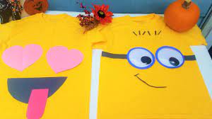 If you're going to use letters in your shirts, make sure you reverse them on word before you print! Tip Garden Diy Minion Or Emoji Halloween Costumes