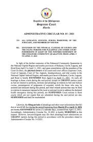 We did not find results for: Philippine Supreme Court Public Information Office On Twitter Read Administrative Circular No 15 2021 Extension Of The Physical Closure Of Courts And The Filing Periods For Pleadings And Other Court Submissions In Light