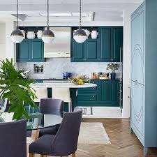 Peacock Blue Kitchen Cabinets With Black Countertops Modern Kitchen Design Contemporary Kitchen Teal Kitchen Cabinets