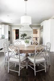 Round Gray Wood Dining Table With Gray Bamboo Dining Chairs And White Drum Pe In 2020 Transitional Dining Room Modern Farmhouse Dining Room Farmhouse Dining Room Table