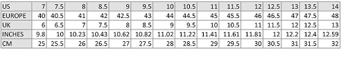 size chart comfort fit