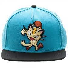 Pokemon Meowth Color Block Snapback Hat Cap Blue Black Adjustable Pokeball Text
