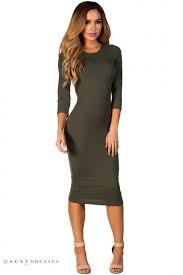 Margo Olive Green 34 Sleeve Jersey Bodycon Midi Dress Midi Dress Bodycon Casual Dresses With Sleeves Bodycon Dress With Sleeves