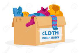 Clothes donations and charity concept. Cloth Donation And Charity Concept Carton Box Full Of Different Clothes For Poor People And Refugees In Need Isolated On White Background Volunteering Social Aid Cartoon Vector Illustration Royalty Free Cliparts Vectors