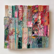 Peony In The Rain Stitched Textile Collage 22cm X 22cm Strips And Swatches Of Painted And Embroidered Calico Linen And Silk Wi Textiles Collage Fiber Art