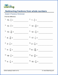 Your answer will be the new numerator while the denominator remains the same. Grade 5 Math Worksheets Subtracting Fractions From Whole Numbers K5 Learning