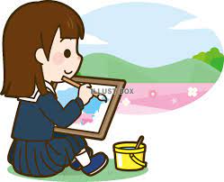 野外で絵を描く女の子（写生大会）：イラスト無料