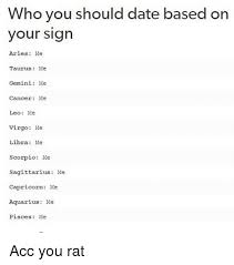 He should be ready with a list of destinations she hasn't been to and must be able to take her there. Who You Should Date Based On Your Sign Aries Me Taurus Me Gemini Me Cancer Me Leo Me Virgo Me Libra Me Scorpio Me Sagittarius Me Capricorn Me Aquarius Me Pisces Me