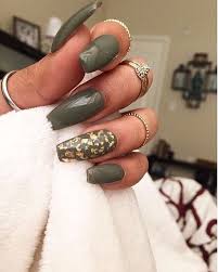 Nail design 5 open bottles of nail polish blue, red, dark red, green, yellow isolated on white background. Olive Green Gold Nails Green Acrylic Nails Olive Nails Matte Nails Design