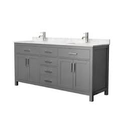 This gray double sink bathroom vanity is a single continual sink beneath two faucets, great for washing with. Narrow Depth Vanity Wayfair