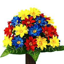 Blue and yellow flowers bouquet. Rubys Silk Flowers Blue Red Yellow Dahlia Artificial Bouquet Featuring The Stay In The Vase Design C Flower Holder Md2077 Walmart Com Walmart Com
