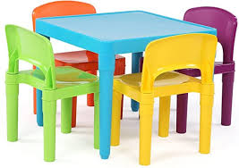 Amazon Com Tot Tutors Kids Plastic Table And 4 Chairs Set Blue Vibrant Kitchen Dining Kids Picnic Table Plastic Tables Kids Chairs