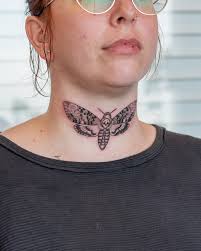 Death's-head hawkmoth tattoo! On the throat 😇 This was really fun and  still isn't quite finished, butttt I loved it and wanted to post it  anyways. • #mothtattoo #necktat #deathsheadmothtattoo #deathsheadhawkmoth  #scientificillustration