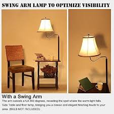 Madison Floor Lamp With End Table Swing Arm White Shade With Built In Two Tier Black Table With Open Display Space Combination Tray Lamp With Swing Arm White End Table With