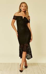 Black Lace Bardot Fishtail Dress By Ax Paris Dresses Fishtail Dress Paris Dresses
