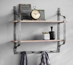 Rustic, scandi and industrial inspired, this shelf offers a practical and stylish storage solution for your home. Rustic Mango Wood Shelf With Hooks Pottery Barn