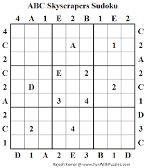 In this puzzle the numbers inside the matrix represent the heights of buildings and the numbers along the sides tell you how many buildings. Abc Skyscrapers Sudoku Puzzle Daily Sudoku League 150