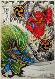Looking to add a dragon to your japanese tattoo design, consider colors associated with power like bold reds or greens. Fabio Bolito In Fujin E Raijin Art Gallery By Lucs Tattoo Japanese Tattoo Art Japanese Tattoo Japanese Art Ink