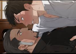 shijimi (taurin69), paranormasight: the seven mysteries of honjo, highres,  2boys, age difference, bara, black shirt, brown hair, collared shirt, erio  jun, eye contact, face-to-face, facial hair, goatee, grey hair, hand on  anothers